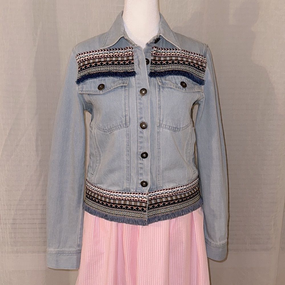 Anthropologie XS Jack by BB DAKOTA Embroidered Fringe Trim Boho Denim Jacket